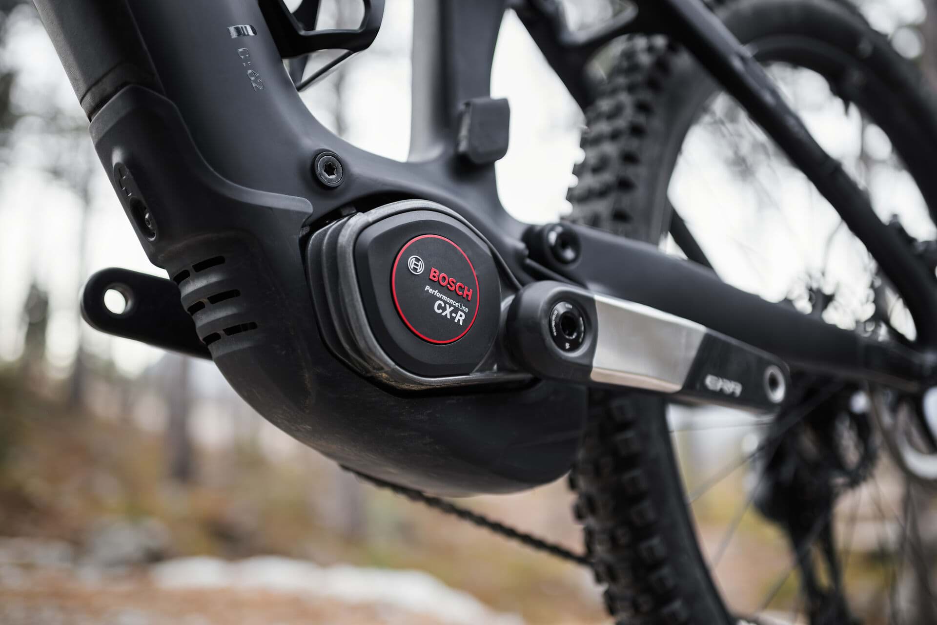 Antriebseinheit und Kurbel eines E-Bikes in Nahaufnahme